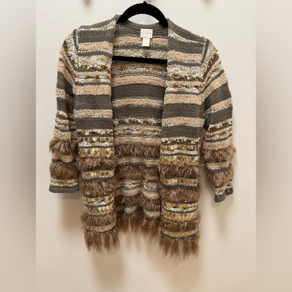 Chicos Open Front Cardigan Sweater Sequin Faux Fur Trim Striped Gold Size 0 - Picture 2 of 11